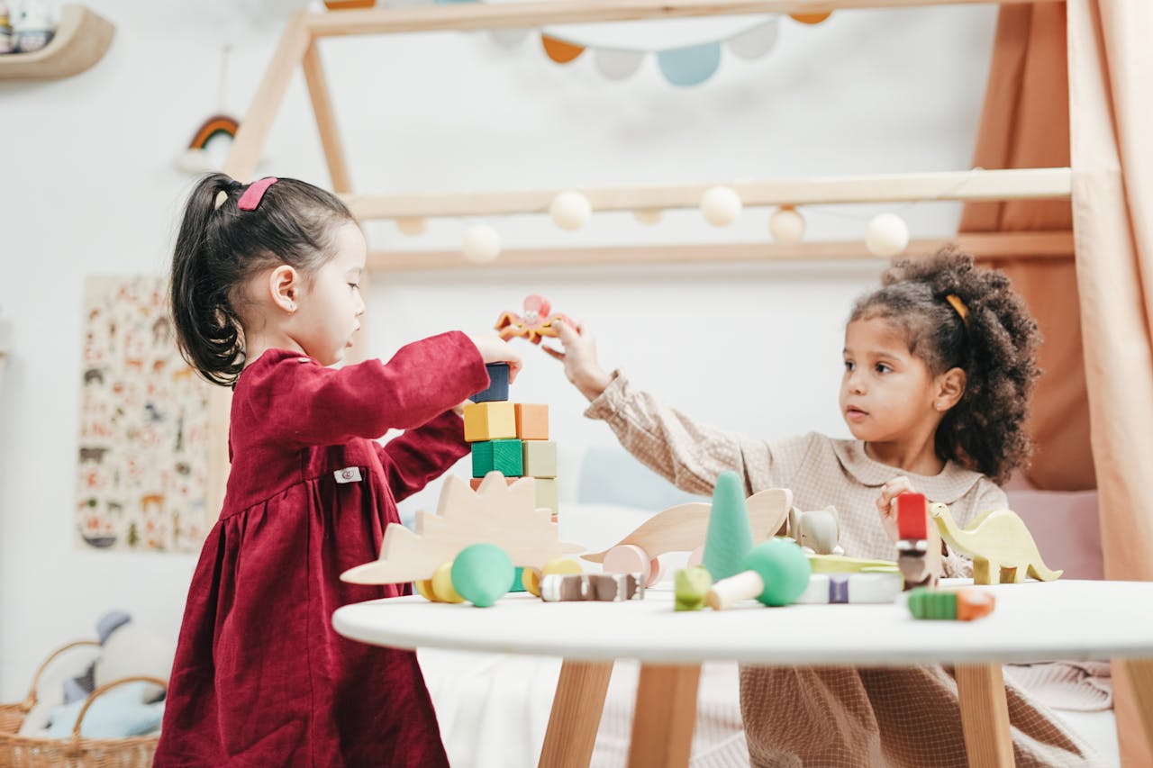 Services Two young girls enjoying playtime with wooden toys indoors in a warm, colorful playroom.